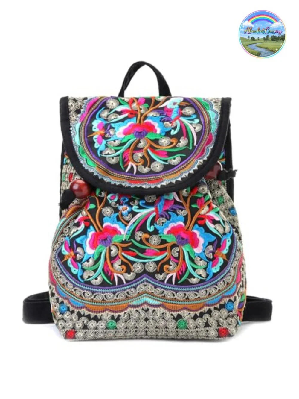 Embroidered Boho Mini Backpack Purse Water-Resistant Canvas Travel Daypack